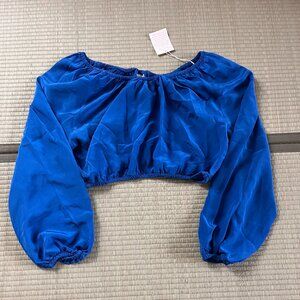 💙 Vintage 100% Silk Off-Shoulder Crop Top - Royal Blue (Size S)